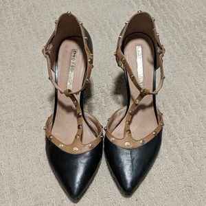 Audrey Brooke gold studded t strap pumps